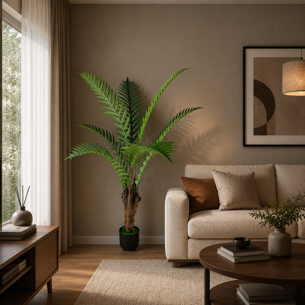 Plantă artificială Roystonea Regia verde, 160 cm, palmier tropical decorativ pentru living, birou, hotel, restaurant și spații comerciale.