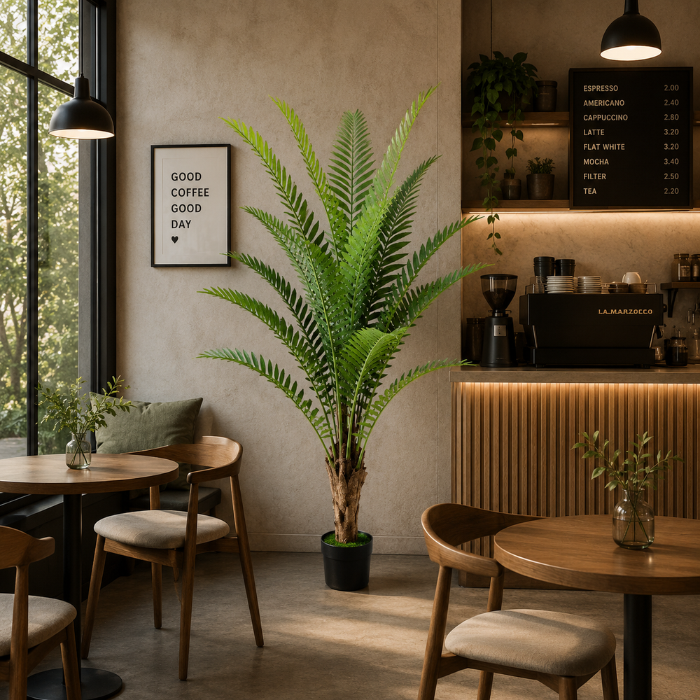 Plantă artificială Roystonea Regia verde, 200 cm, palmier tropical decorativ pentru living, birou, hotel, restaurant și spații comerciale.