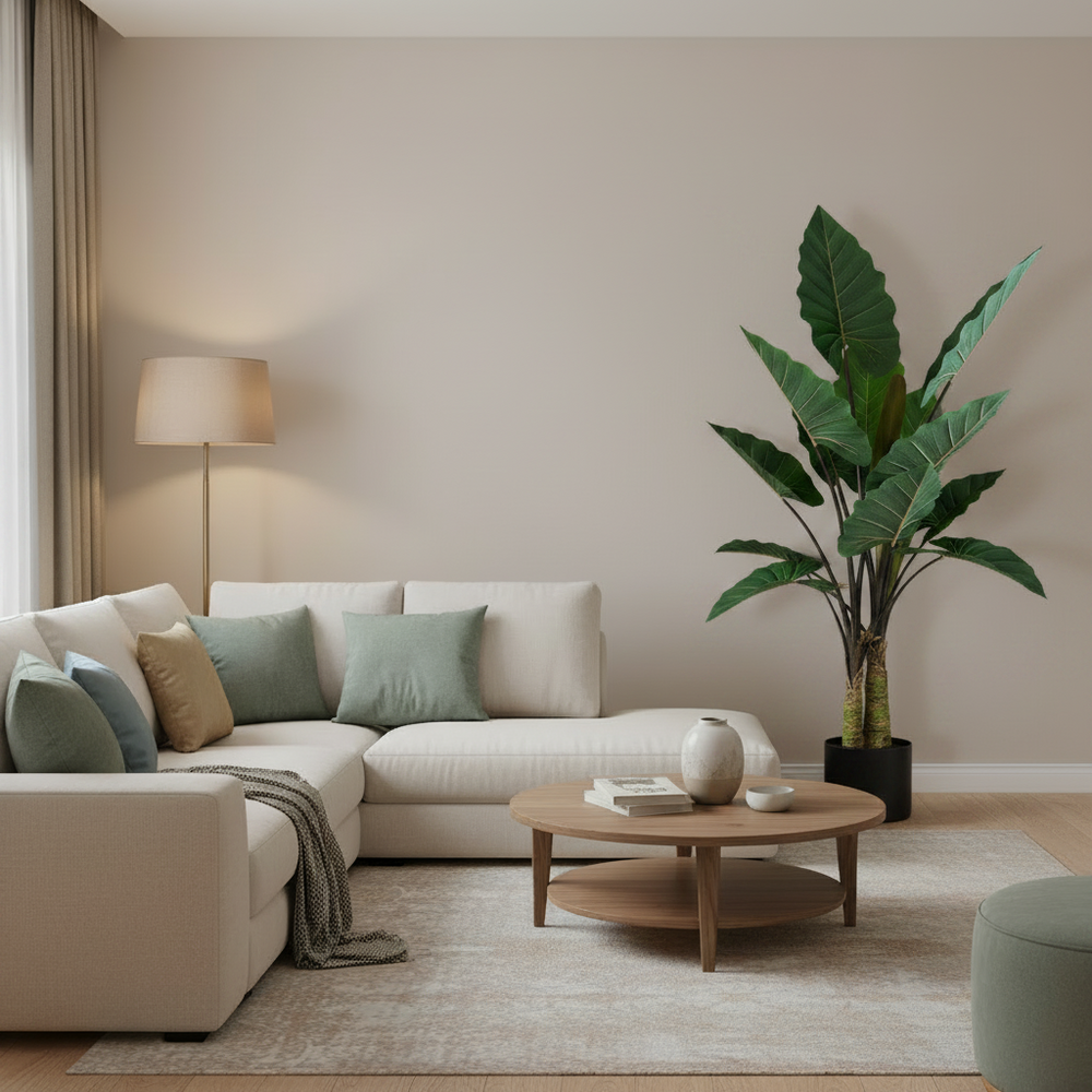 Plantă artificială Strelitzia verde, 160 cm, cu frunze mari și aspect realist, în ghiveci, ideală pentru living, birou, dormitor, hotel, restaurant, recepție și spații comerciale.