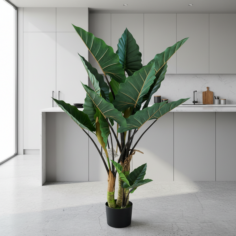 Plantă artificială Strelitzia verde, 160 cm, cu frunze mari și aspect realist, în ghiveci, ideală pentru living, birou, dormitor, hotel, restaurant, recepție și spații comerciale.
