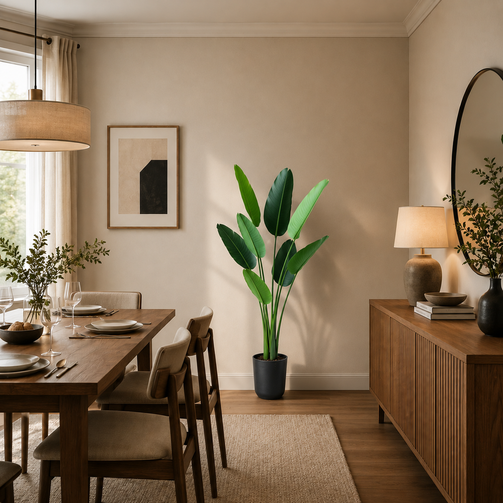 Plantă artificială Strelitzia Nicolai verde, 150 cm, cu frunze tropicale mari și aspect realist, în ghiveci negru, ideală pentru living, birou, hotel, restaurant, recepție și spații comerciale.