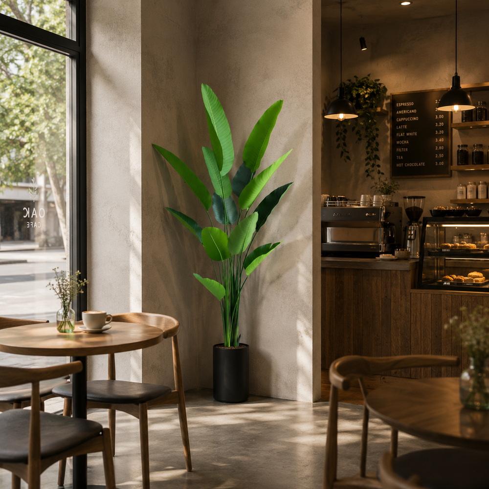 Plantă artificială Strelitzia Nicolai verde, 180 cm, cu frunze tropicale mari și aspect realist, decorativă pentru living, birou, hotel, restaurant, cafenea, recepție și spații comerciale.