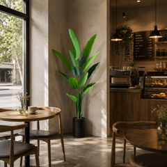 Plantă artificială Strelitzia Nicolai verde, 180 cm, cu frunze tropicale mari și aspect realist, decorativă pentru living, birou, hotel, restaurant, cafenea, recepție și spații comerciale.