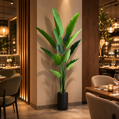 Plantă artificială Strelitzia Nicolai verde, 180 cm, cu frunze tropicale mari și aspect realist, decorativă pentru living, birou, hotel, restaurant, cafenea, recepție și spații comerciale.