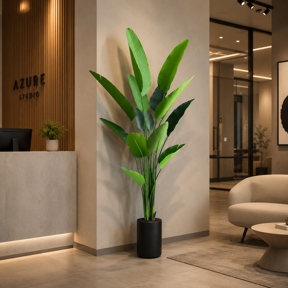 Plantă artificială Strelitzia Nicolai verde, 180 cm, cu frunze tropicale mari și aspect realist, decorativă pentru living, birou, hotel, restaurant, cafenea, recepție și spații comerciale.