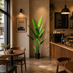 Plantă artificială Strelitzia Nicolai verde, 220 cm, cu frunze tropicale mari și aspect realist, decorativă pentru living, birou, hotel, restaurant, recepție și spații comerciale.