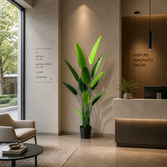 Plantă artificială Strelitzia Nicolai verde, 220 cm, cu frunze tropicale mari și aspect realist, decorativă pentru living, birou, hotel, restaurant, recepție și spații comerciale.