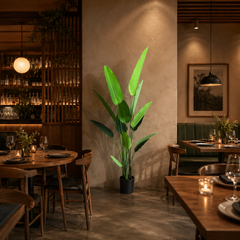 Plantă artificială Strelitzia Nicolai verde, 220 cm, cu frunze tropicale mari și aspect realist, decorativă pentru living, birou, hotel, restaurant, recepție și spații comerciale.