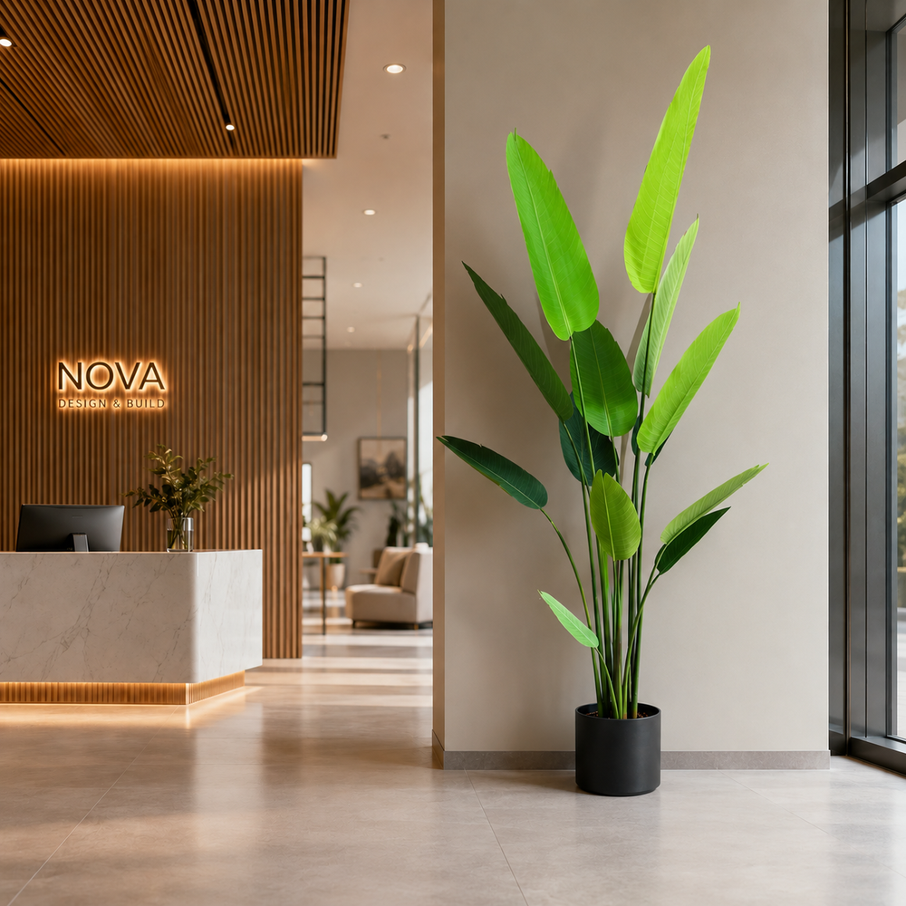 Plantă artificială Strelitzia Nicolai verde, 250 cm, cu frunze tropicale mari și aspect realist, decorativă pentru living, birou, hotel, restaurant, recepție și spații comerciale.