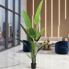 Plantă artificială Strelitzia Nicolai verde, 250 cm, cu frunze tropicale mari și aspect realist, decorativă pentru living, birou, hotel, restaurant, recepție și spații comerciale.