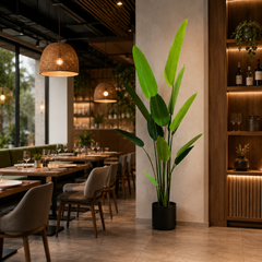 Plantă artificială Strelitzia Nicolai verde, 250 cm, cu frunze tropicale mari și aspect realist, decorativă pentru living, birou, hotel, restaurant, recepție și spații comerciale.