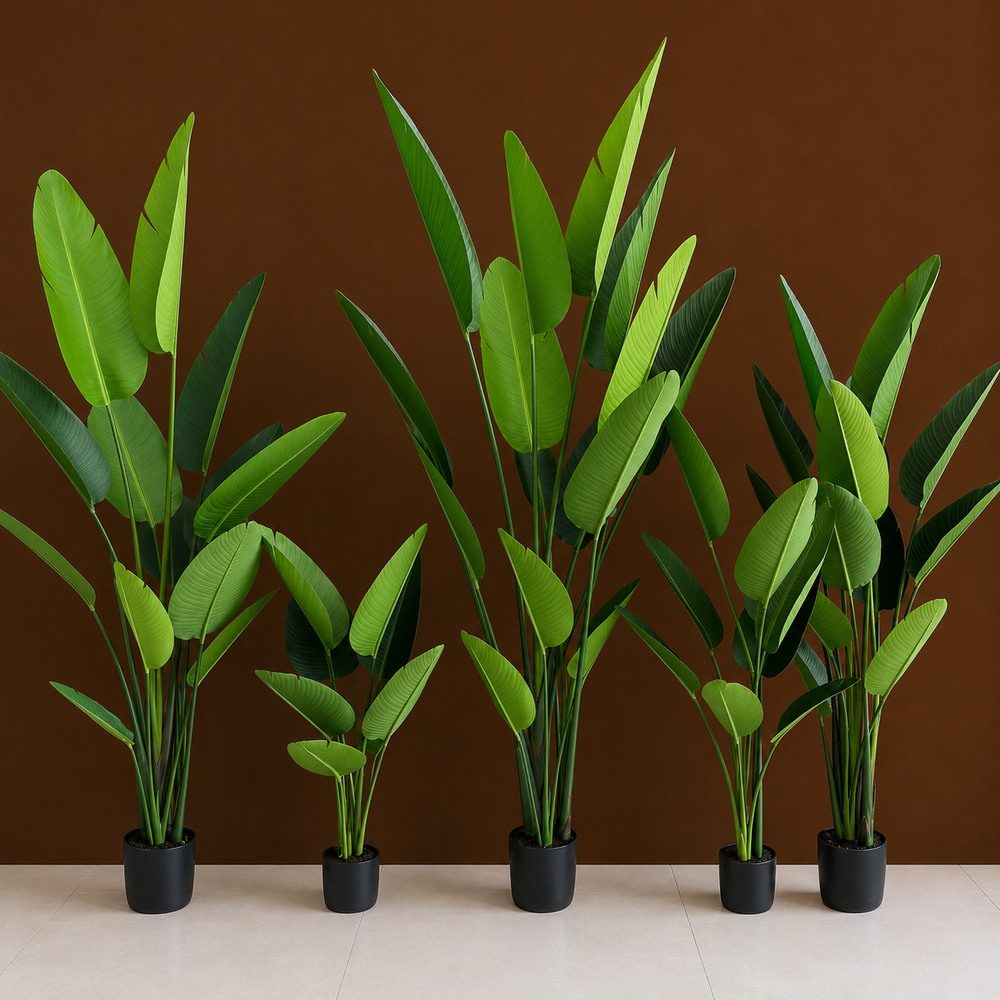 Plantă artificială Strelitzia Nicolai verde, 250 cm, cu frunze tropicale mari și aspect realist, decorativă pentru living, birou, hotel, restaurant, recepție și spații comerciale.
