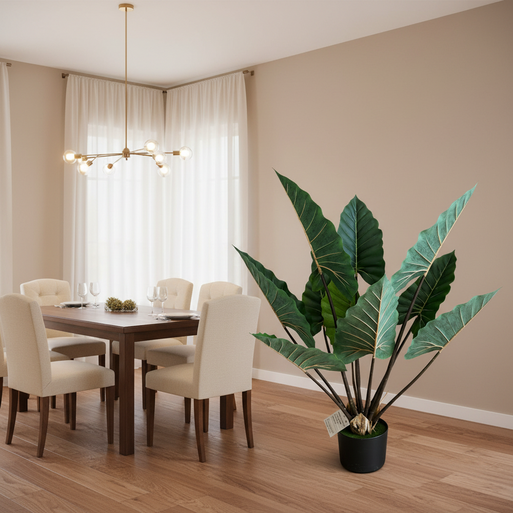 Plantă artificială Strelitzia verde, 100 cm, cu frunze mari și aspect realist, în ghiveci, ideală pentru living, birou, dormitor, hotel, restaurant, recepție și spații comerciale.