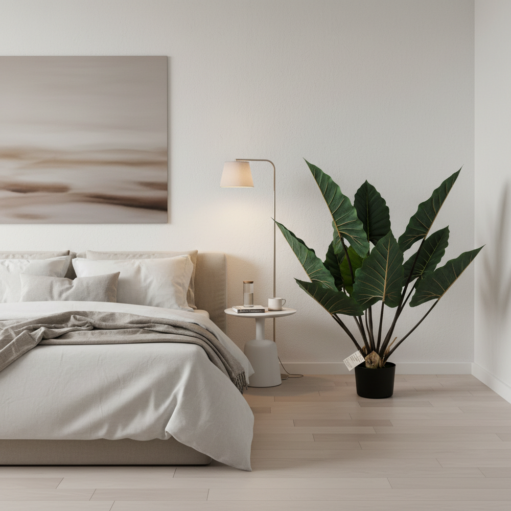Plantă artificială Strelitzia verde, 100 cm, cu frunze mari și aspect realist, în ghiveci, ideală pentru living, birou, dormitor, hotel, restaurant, recepție și spații comerciale.