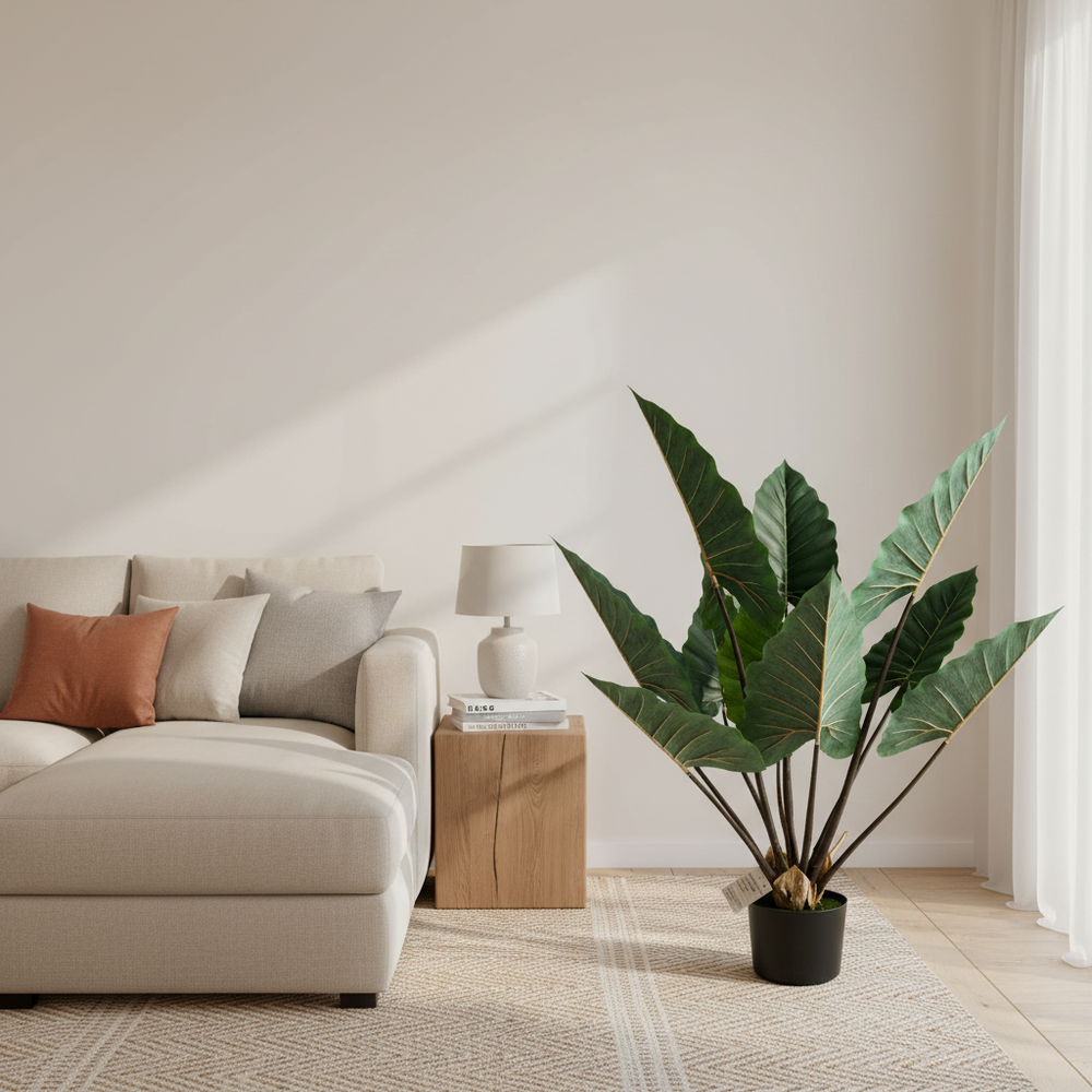 Plantă artificială Strelitzia verde, 100 cm, cu frunze mari și aspect realist, în ghiveci, ideală pentru living, birou, dormitor, hotel, restaurant, recepție și spații comerciale.