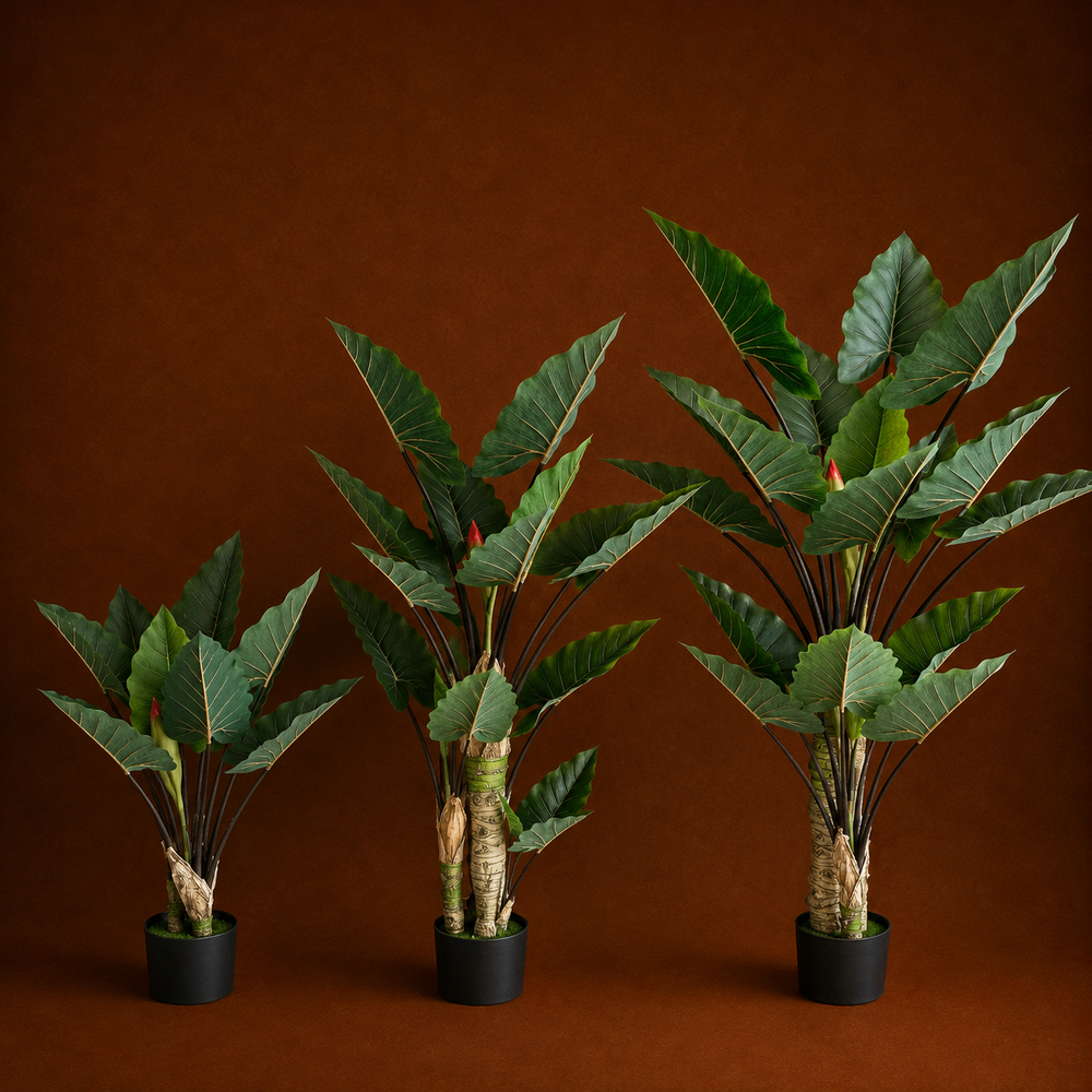 Plantă artificială Strelitzia verde, 100 cm, cu frunze mari și aspect realist, în ghiveci, ideală pentru living, birou, dormitor, hotel, restaurant, recepție și spații comerciale.