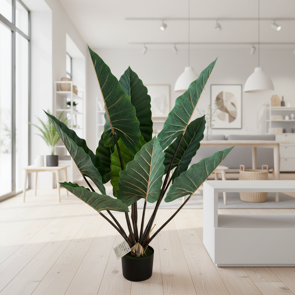 Plantă artificială Strelitzia verde, 120 cm, cu frunze mari și aspect realist, în ghiveci, ideală pentru living, birou, dormitor, hotel, restaurant, recepție și spații comerciale.