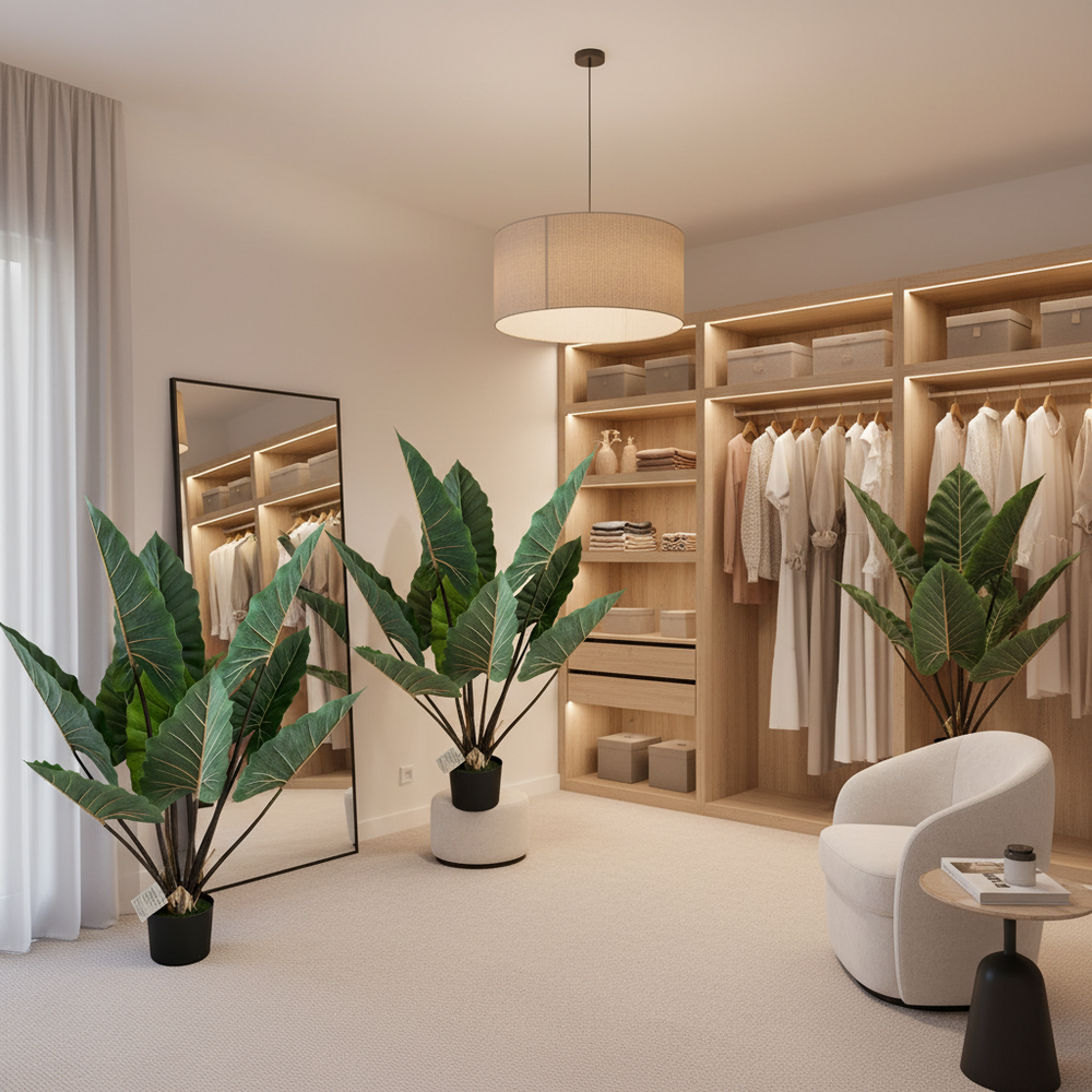 Plantă artificială Strelitzia verde, 120 cm, cu frunze mari și aspect realist, în ghiveci, ideală pentru living, birou, dormitor, hotel, restaurant, recepție și spații comerciale.