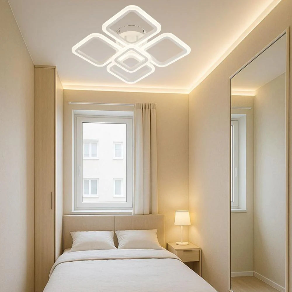 Lustra LED alba 8036/4+1WH 102W cu design geometric si lumina ajustabila, ideala pentru dormitor modern si ambient calm