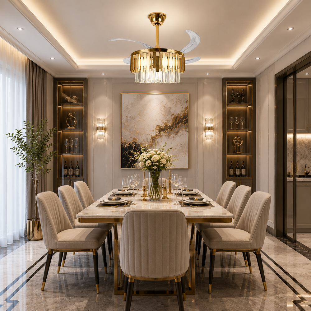Candelabru cu ventilator de tavan F3211-500GD suspendat deasupra mesei din dining, design luxos cu cristale decorative, pale retractabile și iluminare LED.