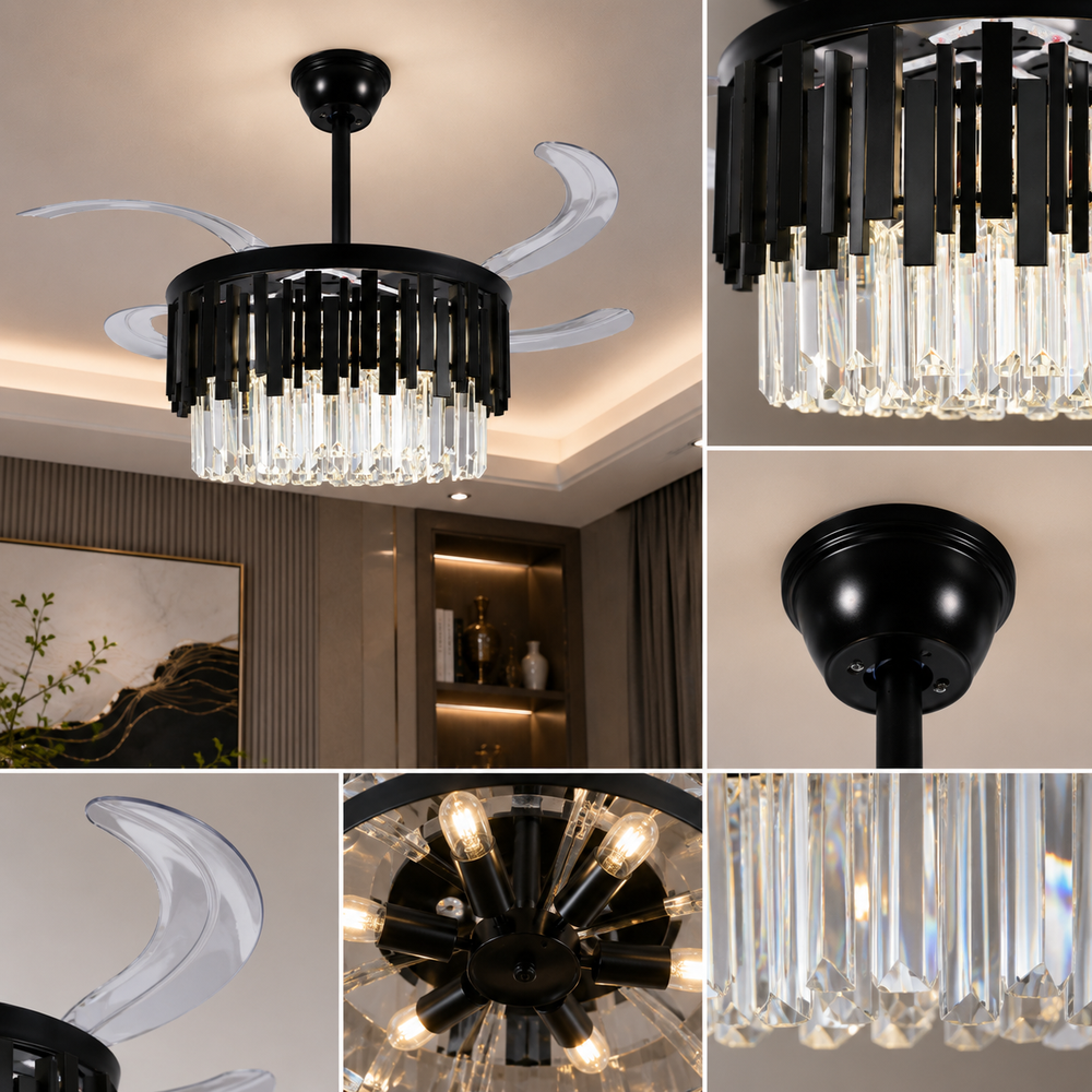 Candelabru cu ventilator de tavan F3211-500BK, LED 50W, ventilator 30W, cristale decorative, pale retractabile și difuzor Bluetooth, imagine produs pe fundal alb.