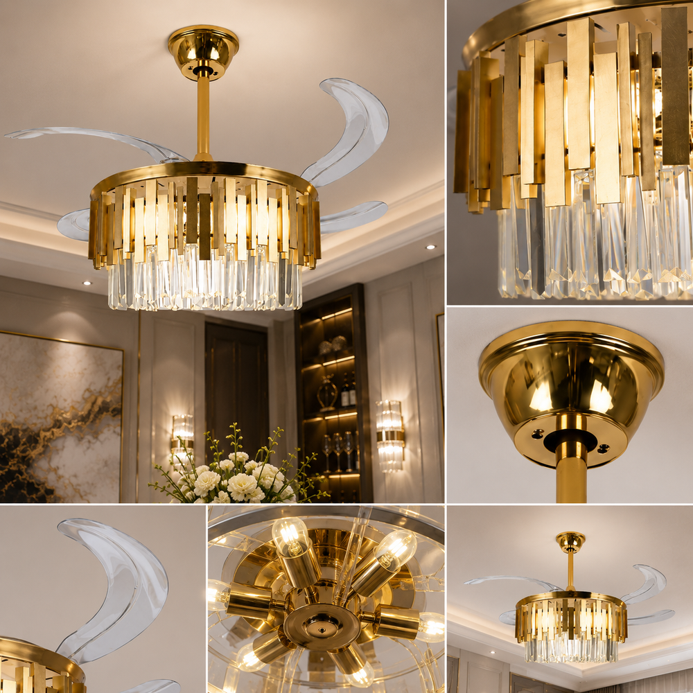 Candelabru cu ventilator de tavan F3211-500GD auriu, LED 50W, ventilator 30W, cristale decorative, pale retractabile și difuzor Bluetooth, imagine produs pe fundal alb.