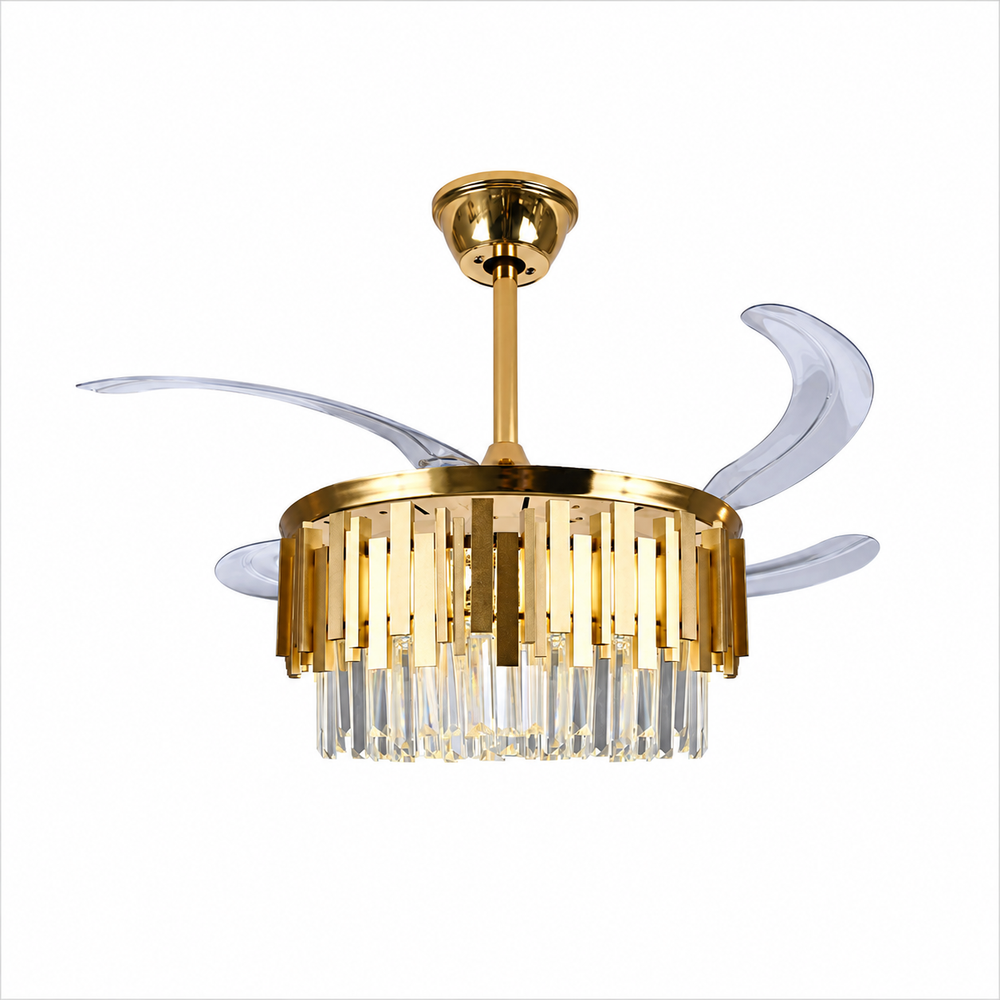 Candelabru cu ventilator de tavan F3211-500GD auriu, LED 50W, ventilator 30W, cristale decorative, pale retractabile și difuzor Bluetooth, imagine produs pe fundal alb.