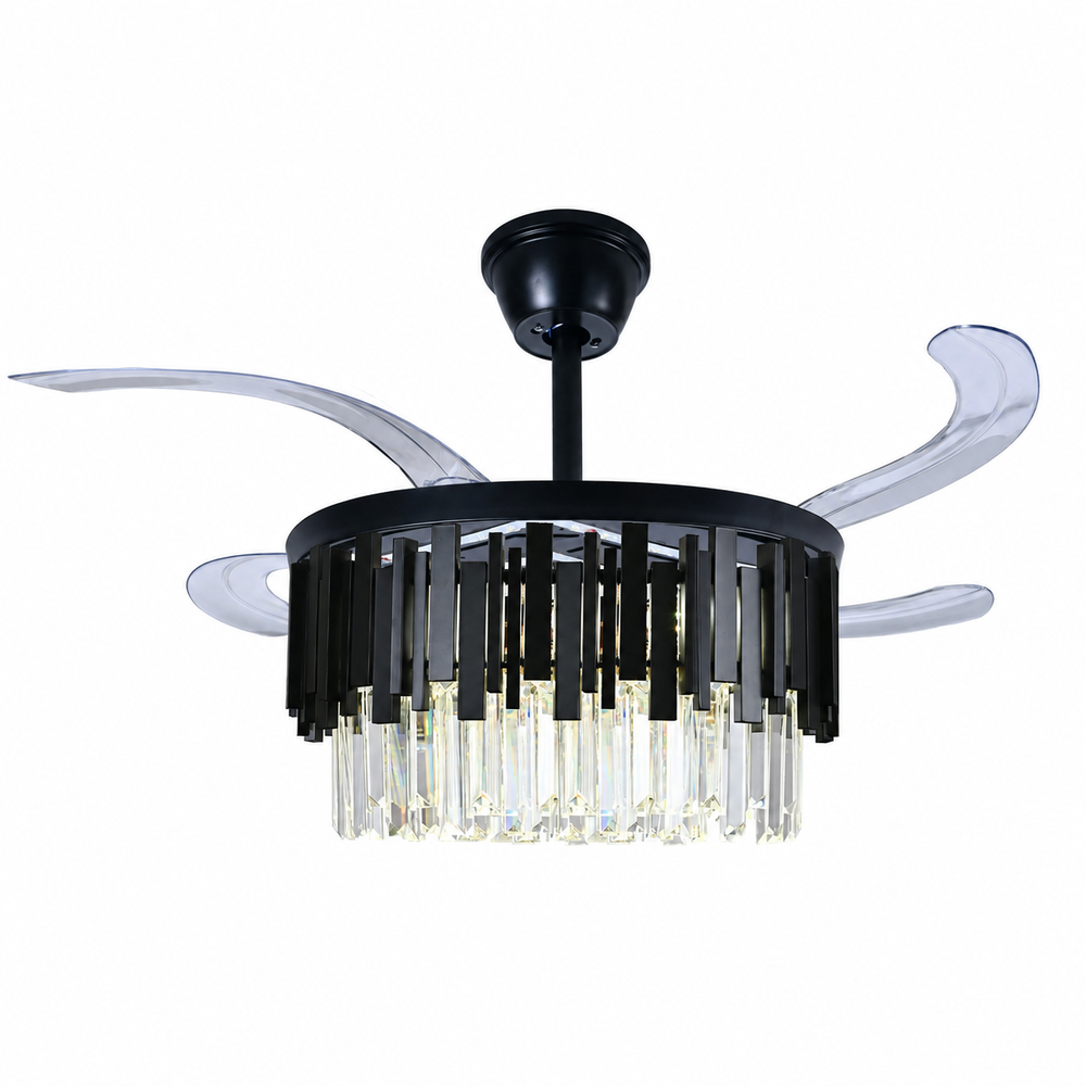 Candelabru cu ventilator de tavan F3211-500BK, LED 50W, ventilator 30W, cristale decorative, pale retractabile și difuzor Bluetooth, imagine produs pe fundal alb.