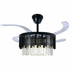 Candelabru cu ventilator de tavan F3211-500BK, LED 50W, ventilator 30W, cristale decorative, pale retractabile și difuzor Bluetooth, imagine produs pe fundal alb.