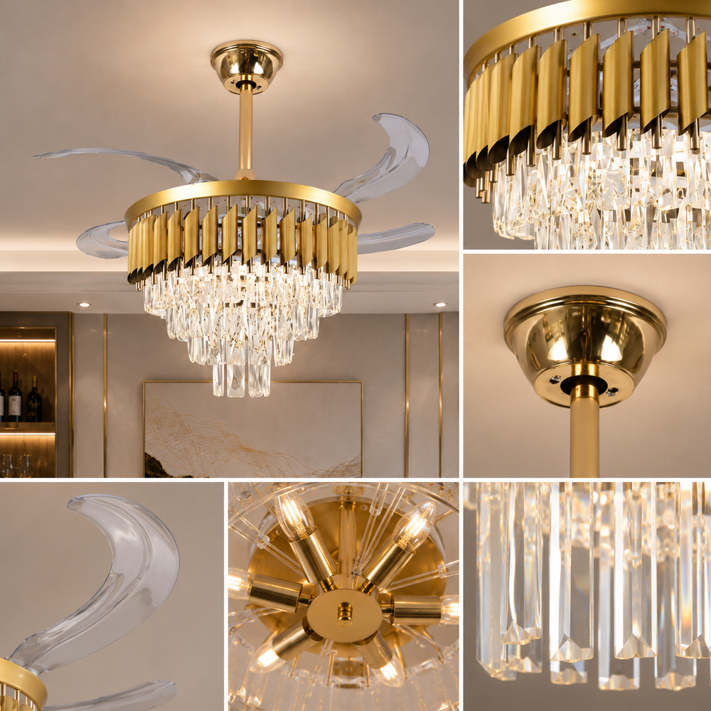Candelabru cu ventilator de tavan F9001-500GD, LED 50W, ventilator 30W, cristale premium, pale retractabile și difuzor Bluetooth, imagine produs pe fundal alb.