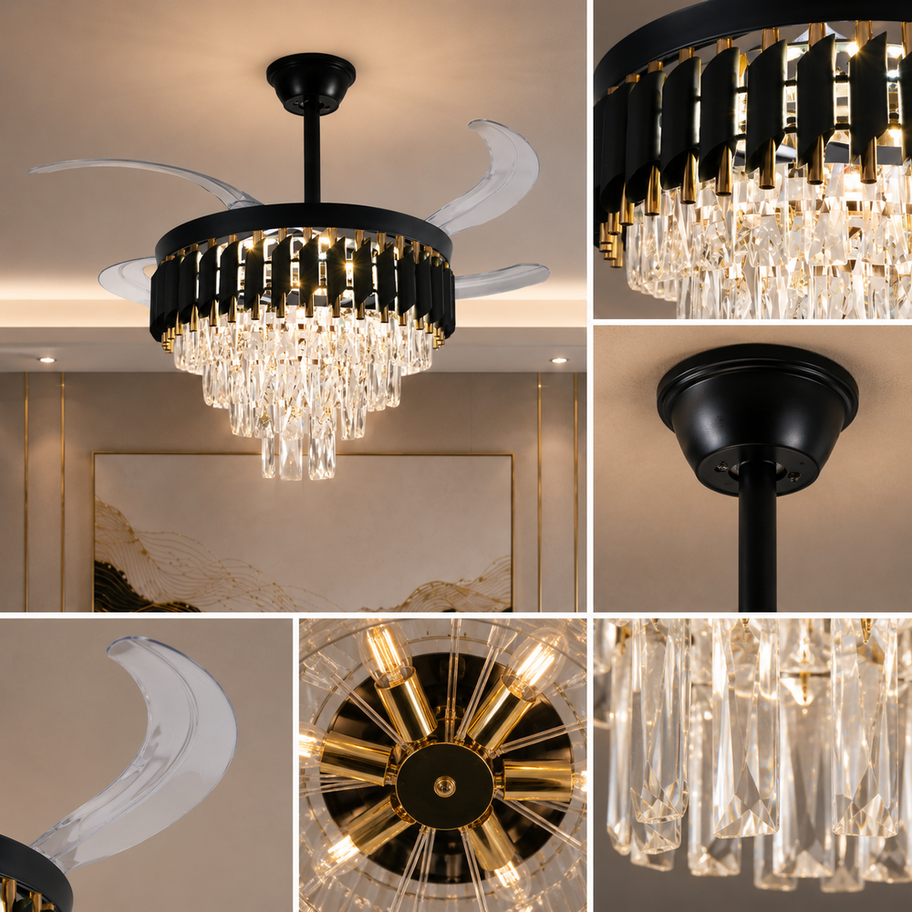 Candelabru cu ventilator de tavan F9001-500BK+GD, LED 50W, ventilator 30W, cristale premium, pale retractabile și difuzor Bluetooth, imagine produs pe fundal alb.