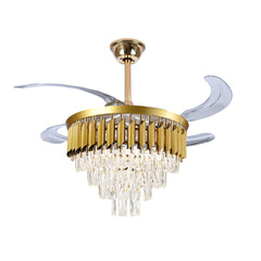 Candelabru cu ventilator de tavan F9001-500GD, LED 50W, ventilator 30W, cristale premium, pale retractabile și difuzor Bluetooth, imagine produs pe fundal alb.