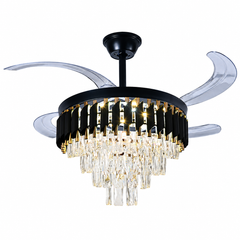 Candelabru cu ventilator de tavan F9001-500BK+GD, LED 50W, ventilator 30W, cristale premium, pale retractabile și difuzor Bluetooth, imagine produs pe fundal alb.