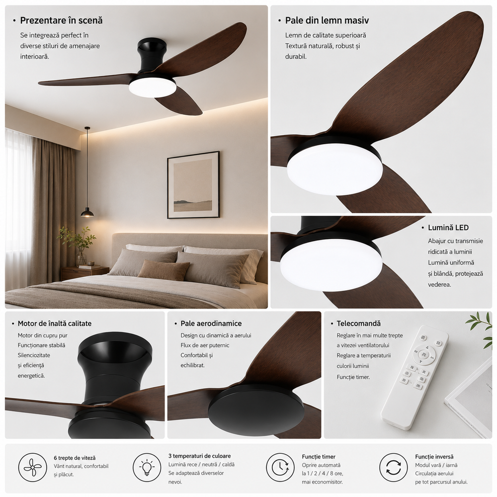 Lustră LED cu ventilator de tavan FED-B14L, 26W LED, ventilator 30W, 3 pale aspect lemn, telecomandă, imagine produs pe fundal alb.