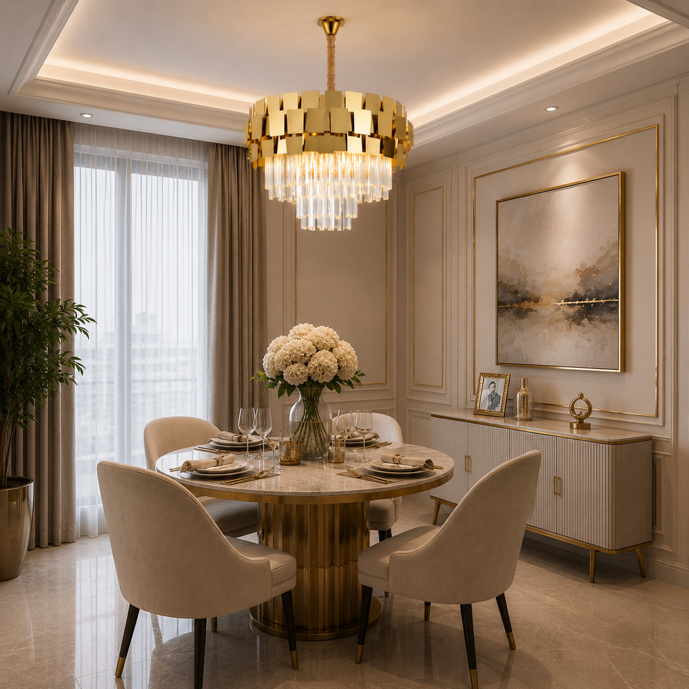 Candelabru cu Cristal 5580-400 GD auriu suspendat deasupra mesei din dining, design modern cu cristale decorative și iluminare premium.