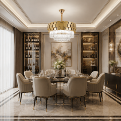 Candelabru cu Cristal 5580-500 GD auriu suspendat deasupra mesei din dining, design modern cu cristale decorative și iluminare premium.