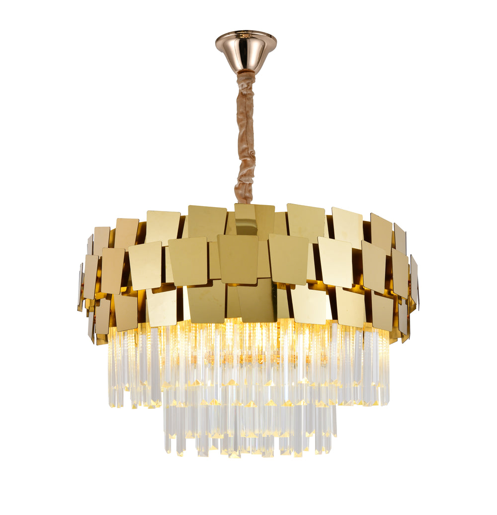 Candelabru cu Cristal 5580-500 GD auriu, 8 socluri E27, metal și cristale transparente, corp de iluminat suspendat, imagine produs pe fundal alb.