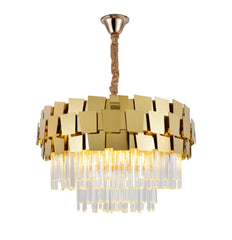 Candelabru cu Cristal 5580-500 GD auriu, 8 socluri E27, metal și cristale transparente, corp de iluminat suspendat, imagine produs pe fundal alb.