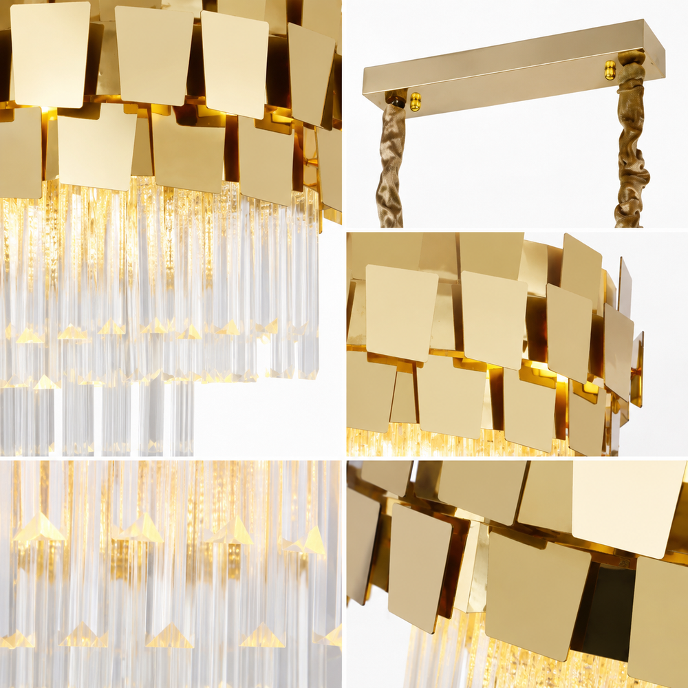 Candelabru cu Cristal 5580-800×300 GD auriu, cu 8 socluri E27 și cristale transparente, corp de iluminat modern suspendat, imagine produs pe fundal alb.