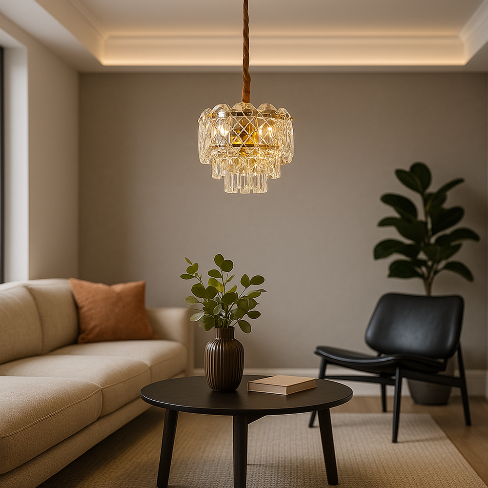 Candelabru modern auriu cu cristale 98046/300FG si 3 surse E27, ideal pentru living elegant cu iluminare calda si design compact premium.