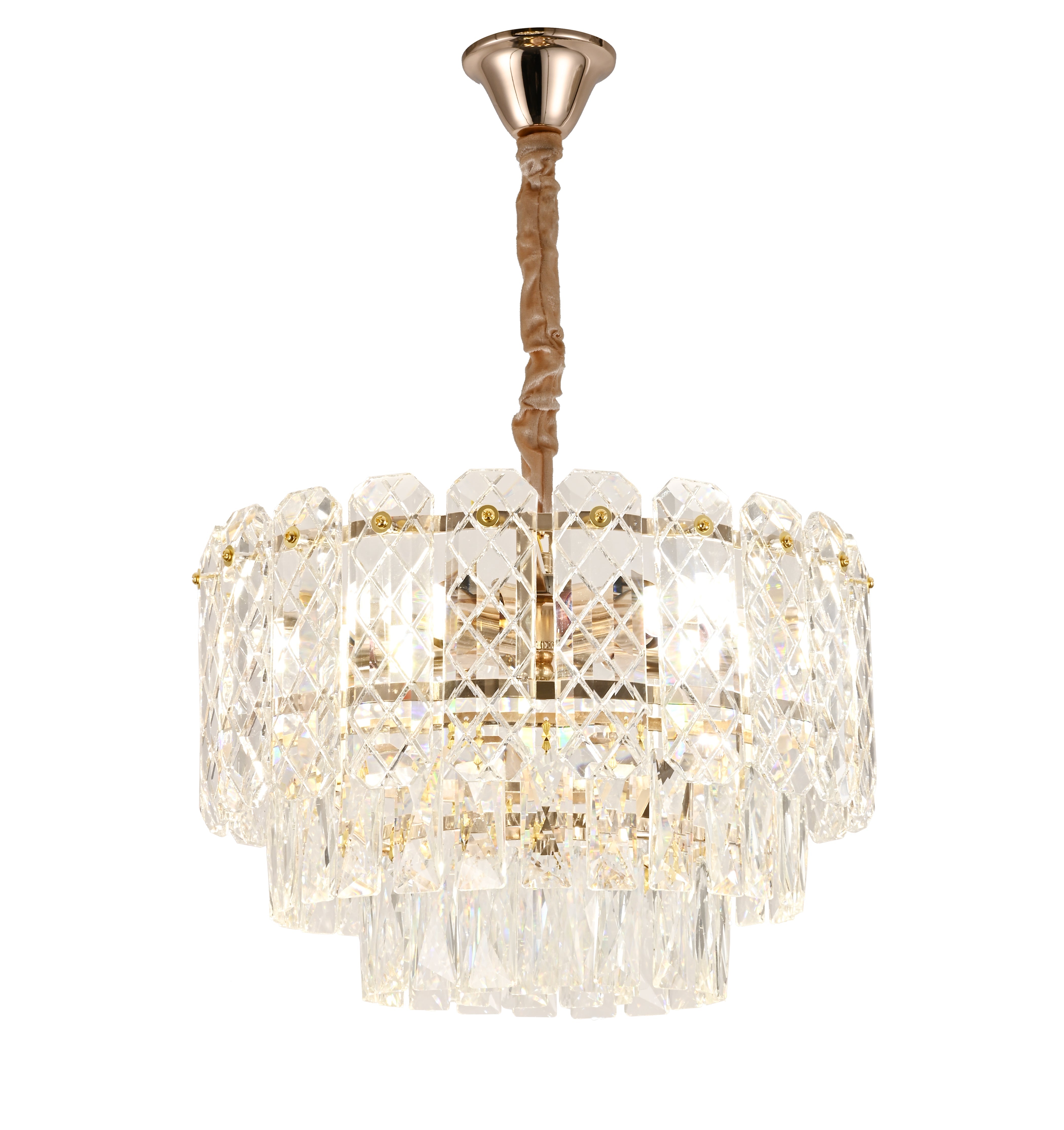 Candelabru modern auriu cu cristale 98046/400FG si 5 becuri E27, ideal pentru dining elegant cu iluminare uniforma si decor sofisticat.