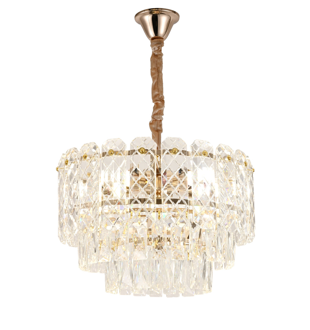 Candelabru modern auriu cu cristale 98046/400FG si 5 becuri E27, ideal pentru dining elegant cu iluminare uniforma si decor sofisticat.