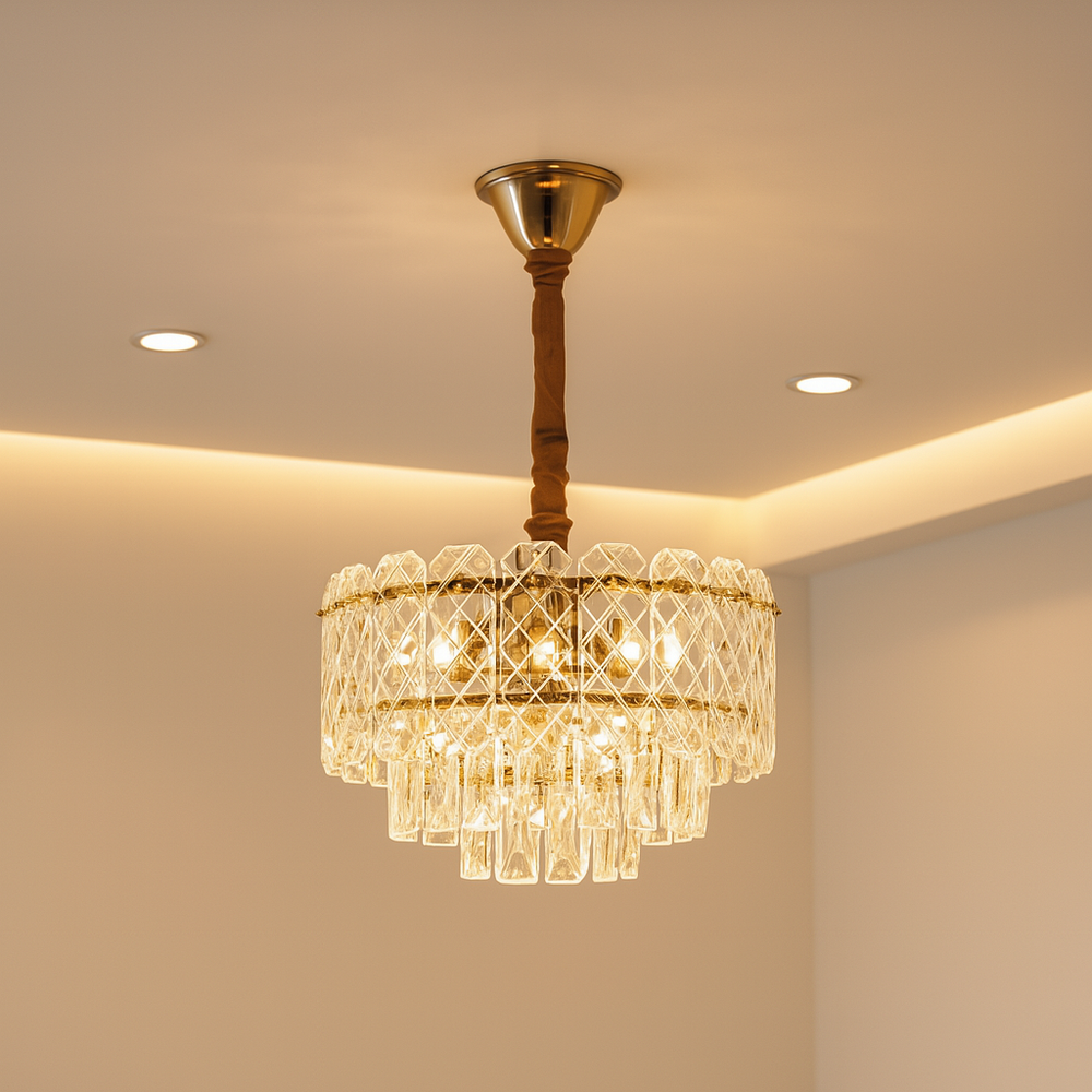 Candelabru modern auriu cu cristale 98046/400FG si 5 becuri E27, ideal pentru dining elegant cu iluminare uniforma si decor sofisticat.