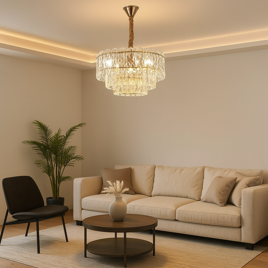 Candelabru modern auriu cu cristale 98046/500FG si 6 surse E27, ideal pentru living elegant cu iluminare calda si efect vizual premium.