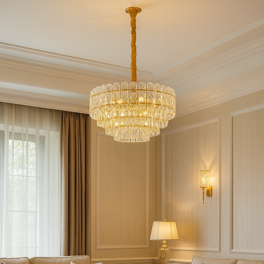 Candelabru modern auriu cu cristale 98046/600 si 11 becuri E27, ideal pentru zona de dining eleganta cu iluminare intensa si efect premium.