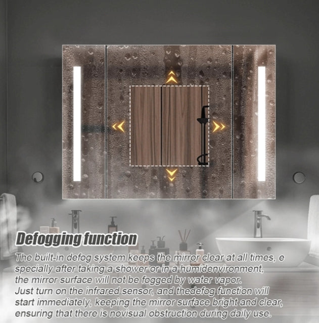 Dulap baie gri cu oglinda LED 100x70, dezaburire si protectie IP65, ideal pentru spatiu mare si depozitare moderna.