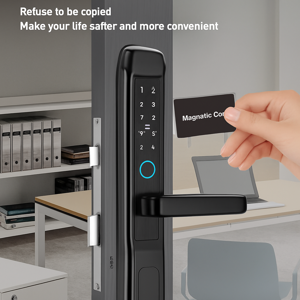 Incuietoare inteligenta LUBAN Q1 cu amprenta, PIN si card IC, compatibila Tuya Smart, waterproof IPX65, potrivita pentru usi PVC