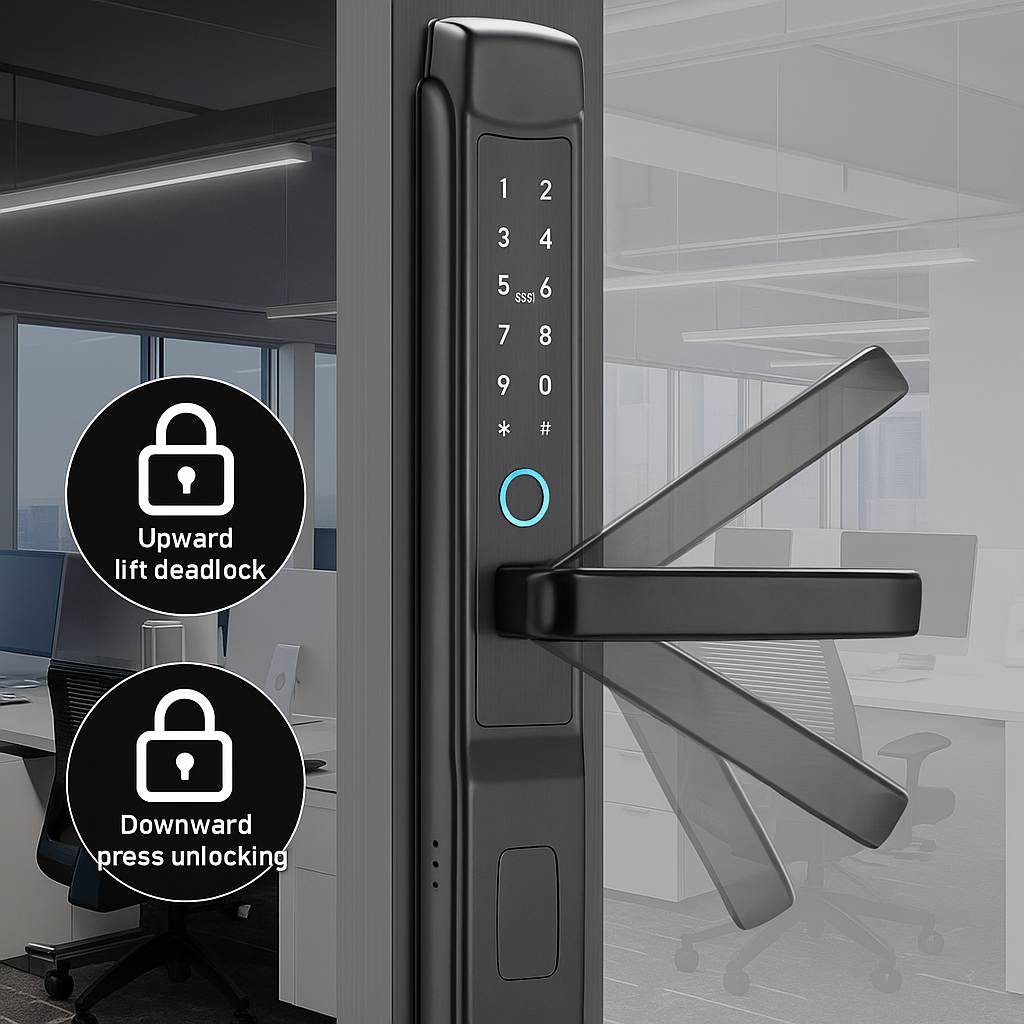 Incuietoare inteligenta LUBAN Q1 cu amprenta, PIN si card IC, compatibila Tuya Smart, waterproof IPX65, potrivita pentru usi PVC