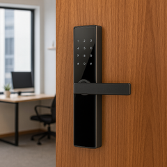 Incuietoare inteligenta LUBAN neagra pentru usa de birou, cu amprenta, PIN, card, Tuya si cheie mecanica. Control smart si securitate avansata.