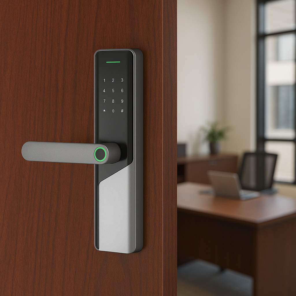 Incuietoare inteligenta LUBAN din alama pentru usa de birou, cu amprenta, PIN, card, Tuya si cheie mecanica